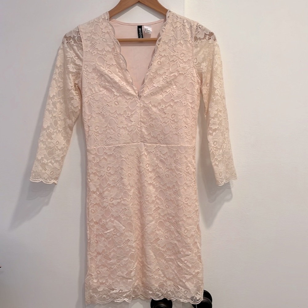H&M DIVIDED brand Blush Pink Lace Long-Sleeve Fitted Dress Gorgeous floral lace!
